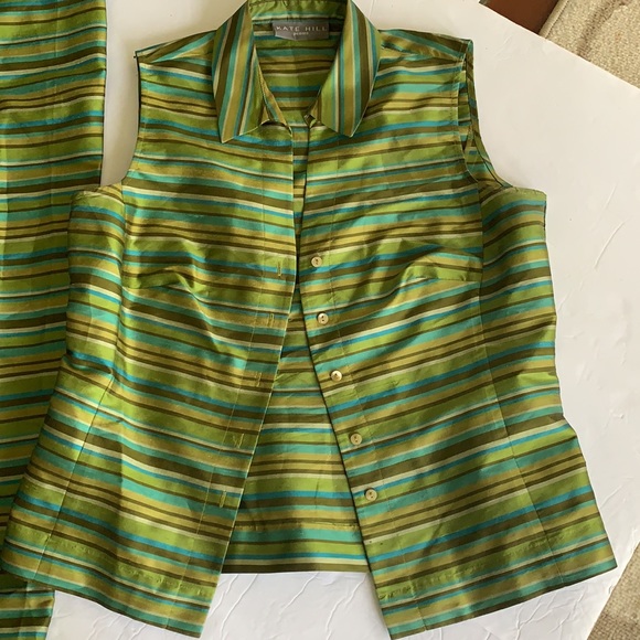 Kate Hill 💯 Silk 2 Piece Sleeves Pant Suit - Picture 3 of 8